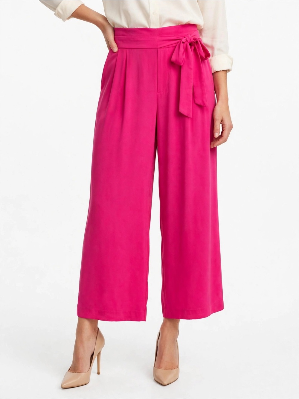 Zara Trafaluc Hot Pink Tie Waist Wide Leg Crop Pants XL Barbiecore Resort
